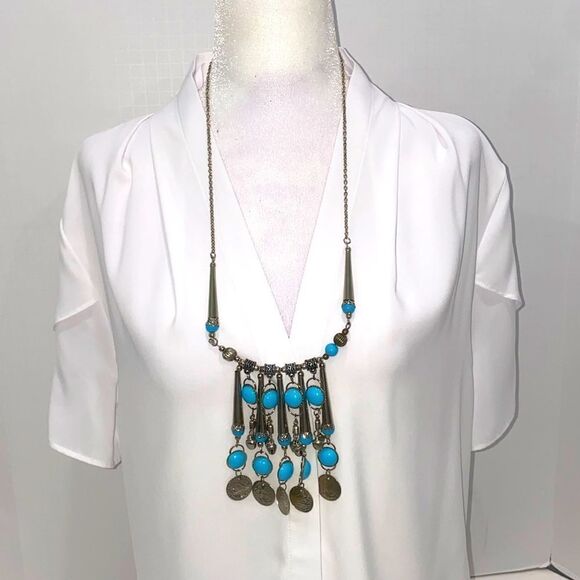 Tribal Coined Bob Bellydancer Blue Silver Toned Necklace Statement Piece - Picture 1 of 10